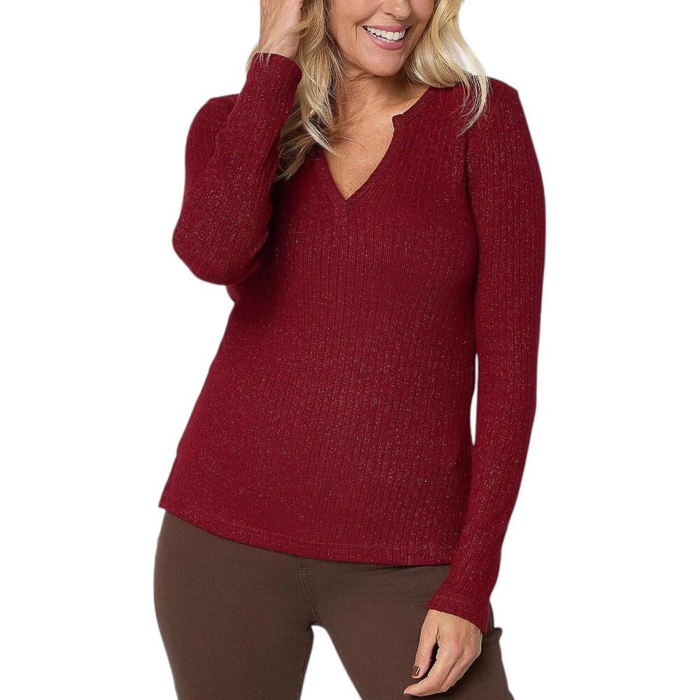 NYDJ Women's Split V-Neck Lurex Long Sleeve Sweater Spiced Apple - Regular